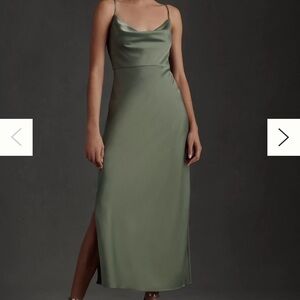 BHLDN women’s size 2 Cali Satin Cowl-Neck Midi Slip Dress color moss green